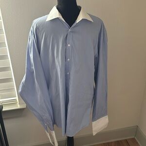 PINK Thomas Pink slim fit blue pin stripe buttoned down contrast drench cuffs 18